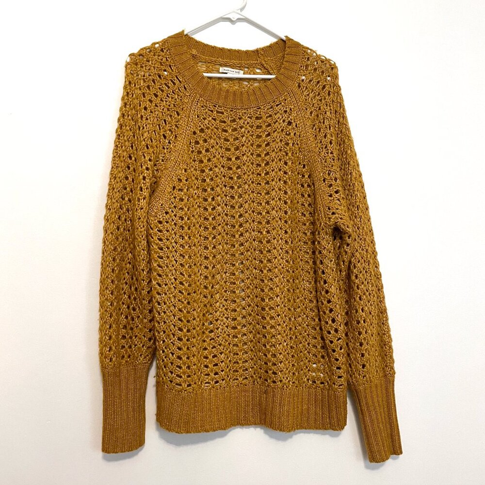 AMERICAN EAGLE Mustard Yellow Golden White Open Knit Chunky Oversized Sweater M